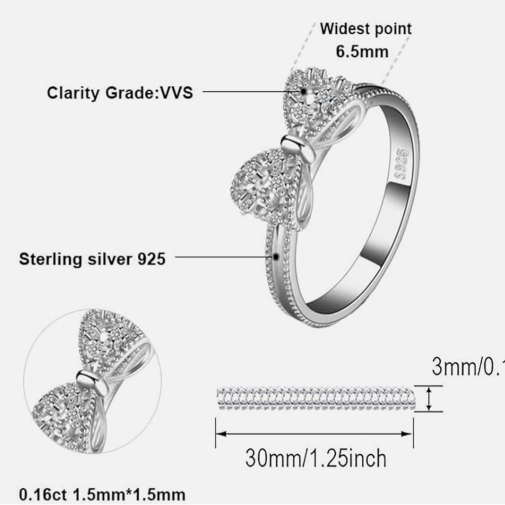 Cubic Diamond Silver Bow Ring Size 7 - Picture 2 of 2